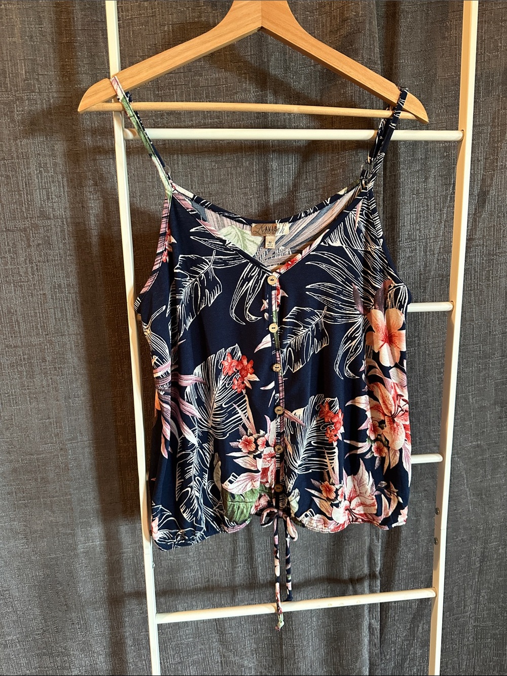 Lavish Navy Floral Button-Front Tie-Hem Cami with Pink Blossoms
